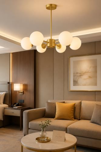 Image of Weldecor Modern Globe Chandelier, 6-Light Ceiling Light Fixture, Brass Gold with White Glass Shades