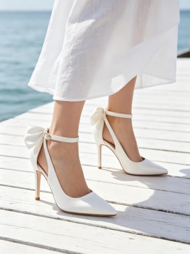 Image of COLETER Womens Back Bow D'Orsay Pumps Pointed Toe Ankle Strap Wedding Heels | 4 Inch Stiletto Heels, Adjustable Ankle Strap, Back Bow Pumps, Formal Evening Bridal Shoes