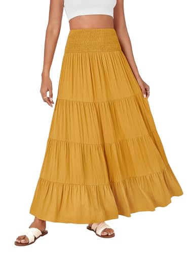 KIFOVEN Women's Elastic High Waist Pleated A-Line Tiered Ruffle Smocked Flowy Maxi Long Skirt Yellow X-Large2