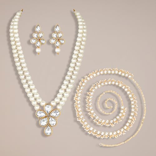 Image of Peora Crystal Faux Pearl Kundan Necklace & Jewellery Set Gift for Women