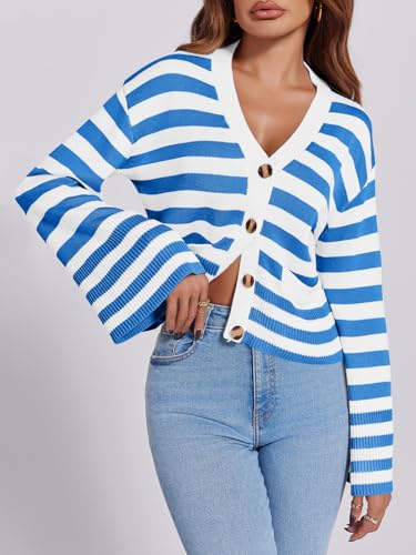 Image of Saodimallsu Womens Striped Cardigan Sweaters Cropped Fall Button Open Front Long Sleeve Knit Sweater Coat with Pockets
