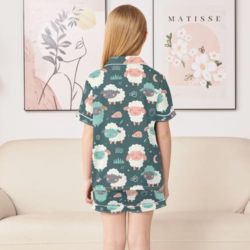 ALAZA Sheep Green Satin Pajamas Set Short Sleeve Button Down Sleepwear Summer Pjs 2 Piece4