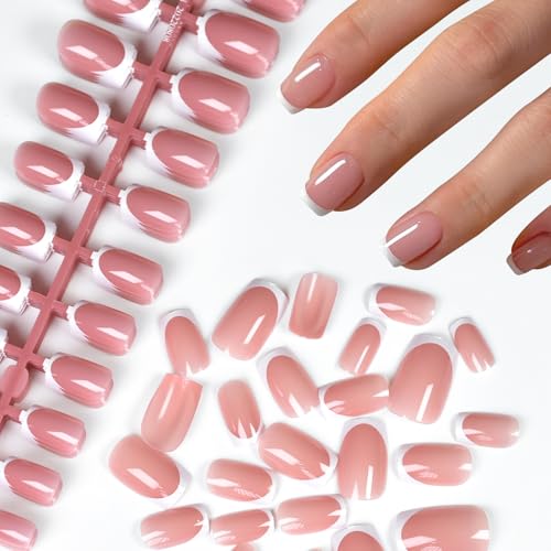120Pcs 5 Pack Pink Acrylic Fake Nails Press on Full Cover IKISKT Classic French Color Short  Nail Art Kits Sets Great Christmas Gift for Women Kids Children Young Girls