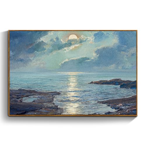 crmotu Vintage Framed Wall Art, Coastal Landscape Canvas Prints, Ocean Sunrise Scenery Room Decorations, Blue Nature Aesthetic Pictures Wall Decor Living Room Bedroom Bathroom, Office Artwork 20x30in