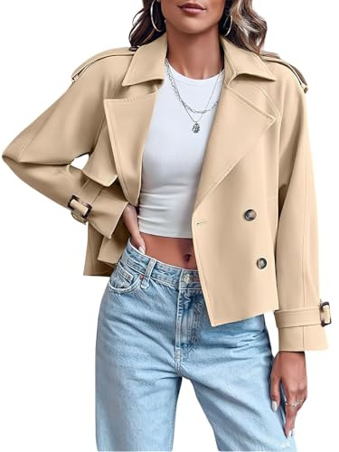ebossy Women's Double Breasted Short Duster Trench Coat Lapel Loose Windproof Cropped Jacket Coat with Pockets, Light Khaki, Medium