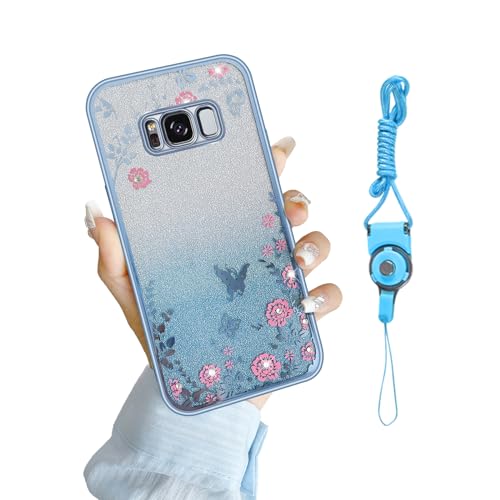 Image of for Samsung Galaxy S8 Case, Samsung S8 Case for Women Gradual Change Glitter Crystal Soft TPU Butterfly Floral Heart Clear Protective Cover with Strap for Samsung Galaxy S8 (Blue)