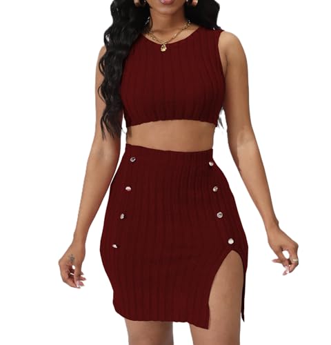Image of Womens 2 Piece Club Outfit Going Out Dress Crop Top & Slit Skirt Set