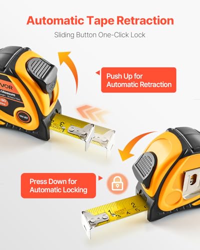 VEVOR Tape Measure 7620 mm Length, Measuring Tape with Retractable, One-Touch Lock, Imperial and Metric ft/m Dual-Scale & ABS Case & Easy Read Steel Measurement Tool, for Outdoor,Decoration