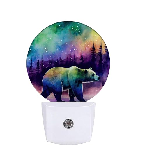Image of Aurora Forest Night Light,Magical Bear Night Lights Plug into Wall for Kitchens Toilets Bedroom Decorative Half Round Nightlight Led Lamp 0.5W Sleep Friendly