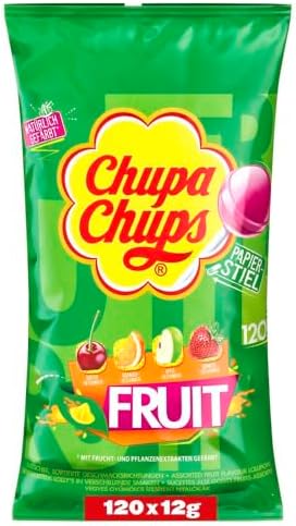 Chupa Chups Fruit Lutscher-Beutel, Nachfüll-Beutel enthält 120 Frucht-Lollis in 4 Geschmacksrichtungen Apfel, Erdbeere, Orange, Kirsche, geeignet für Geburtstag, 120 x 12g