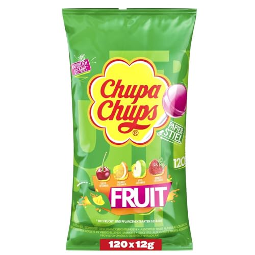 Chupa Chups Fruit Lutscher-Beutel, Nachfüll-Beutel enthält 120 Frucht-Lollis in 4 Geschmacksrichtungen Apfel, Erdbeere, Orange, Kirsche, geeignet für Geburtstag, 120 x 12g