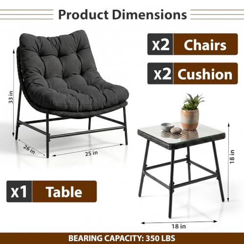 Image of OUTLIVING Fluffo Outdoor Two Seater Braid & Rope Conversation Set | UV & Water Resistant Patio & Garden Furniture Set with 2 Cushioned Chairs & Center Table with Glass Top | Charcoal Grey