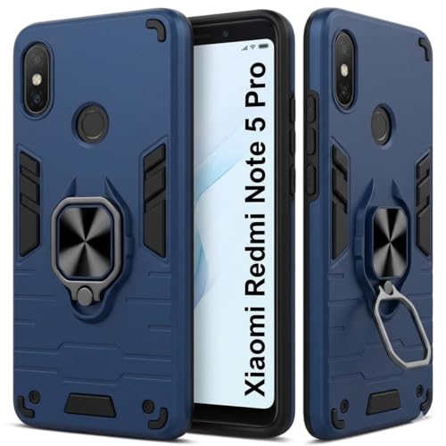 Image of JANAK RAJ Ringstand Armor Bumper Back Case Cover Compatible with Xiaomi Redmi Note 5 Pro | Tough Rugged Shockproof PC+TPU Kickstand 360 Protective Design - Navy Blue