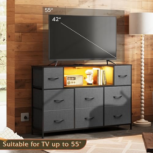 WLIVE Grey Dresser TV Stand for 45, 50, 55 inch TV, Entertainment Center with LED Lights & Charging Station, Chest of Drawers with 8 Fabric Drawers and Open Storage Shelves for Living Room, Hallway