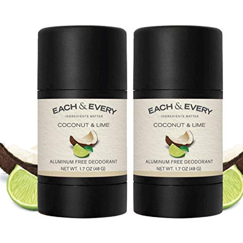 Each & Every 2-Pack Travel Size Natural Aluminum-Free Deodorant for Sensitive Skin with Essential Oils, Plant-Based Packaging, Coconut & Lime 1.7 Oz