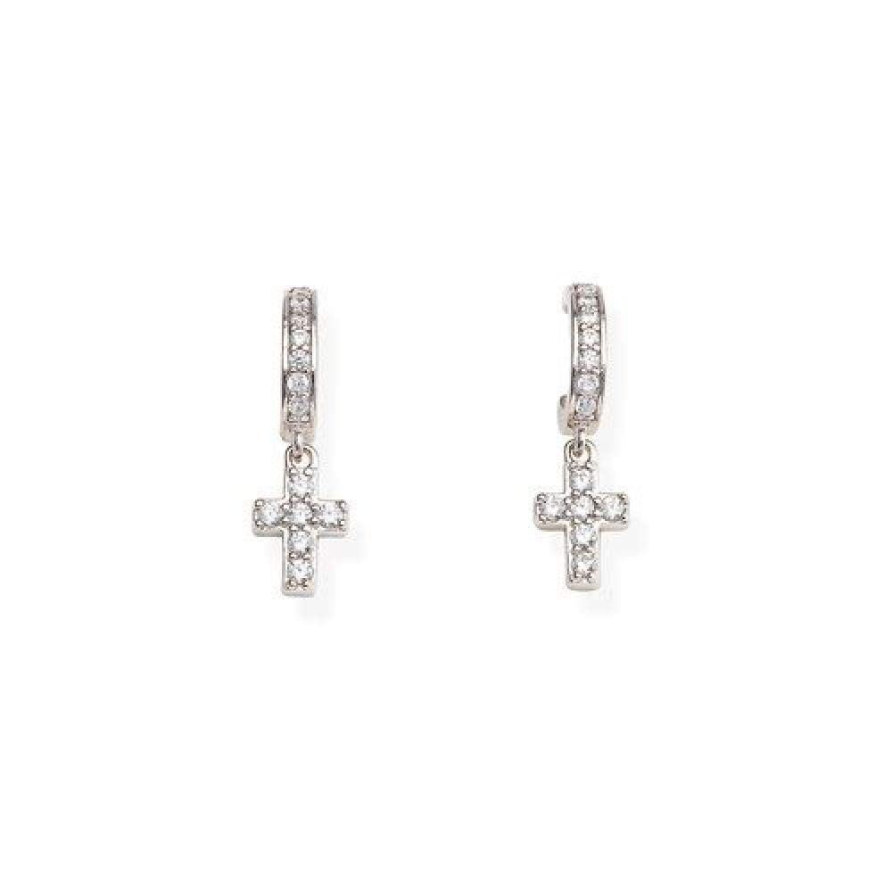 Amen Orecchini A Croce In Argento 925 Rodiato Con Zirconi Bianchi - Donne, Lunghezza 2cm - 3