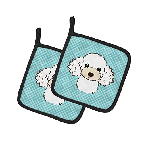 Caroline's Treasures BB1195PTHD Checkerboard Blue White Poodle Pair of Pot Holders Kitchen Heat Resistant Pot Holders Sets Oven Hot Pads for Cooking Baking BBQ, 7 1/2 x 7 1/2