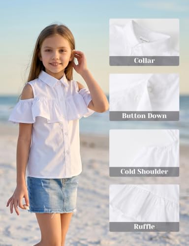 Image of Noomelfish Girls Ruffle Cold Shoulder Top Blouse Short Sleeve Button Down Shirts (4-12 Years)