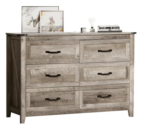NEDYO Farmhouse 6 Drawer Dresser, Rustic Chest of Drawers, Wood