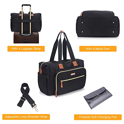 Hafmall Diaper Bag Tote With Changing Pad, Multifunctional Stylish Mommy Bag, Large Diaper Messenger Bag For Mom And Dad, Black #TOP3