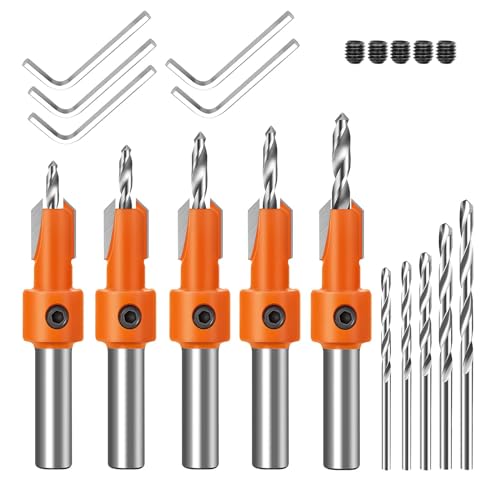 Jasfyee 5Pcs Countersink Drill Bit, 8mm Countersink Drill Bit Set With 5-Piece Quick-Change Drill Bits, 5-Piece Hexagonal Wrench For Precision Woodworking, Wood Drilling