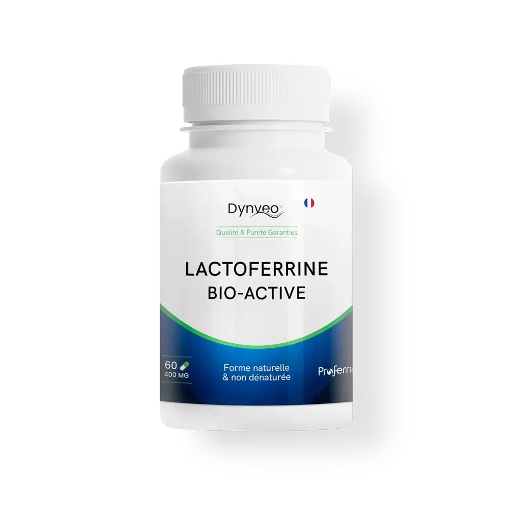 Lactoferrine Bio-active - Absorption du Fer & Immunité - Proferrin® 95% pure - Structure non dénaturée - Issue de lait vache français - 200 mg / 60 Gélules (2 Gélules/Jour = 1 mois) - Dynveo
