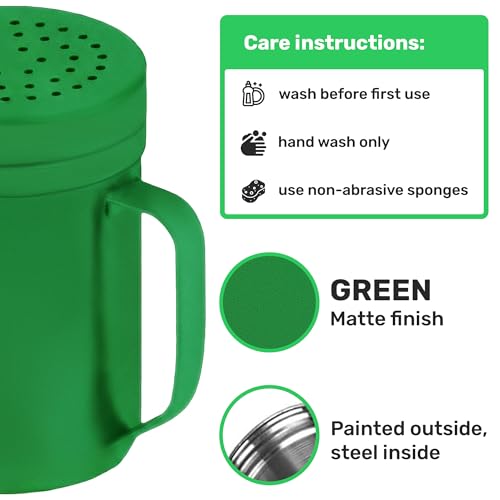 Image of CUSINIUM 14oz Forest Green Stainless Steel Salt Pepper Dredge Shakers - With Plastic Cap - With Handle - Pack of 2