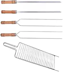 Kit Churrasco Grelha Dupla,4 Espetos Cabo Madeira 65cm Para Peixes Carnes Frangos Linguiça Churrasco.