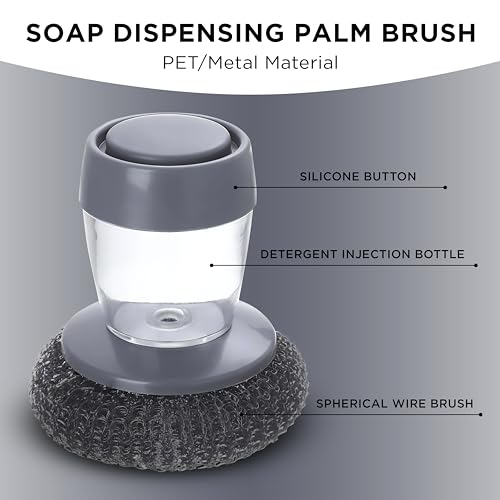 Image of Stainless Steel Scrubber with Soap Dispensing Handle, Heavy Duty Pot Scrubber, Palm Brush with Replaceable Steel Wool Scouring Pad Used for Dishes, Pots, Pans, Grills, Sink, Gray