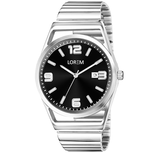 Image of LOREM Men's Stainless Steel Watch, Black Round Dial, Silver Band, Date Display, Quartz Movement