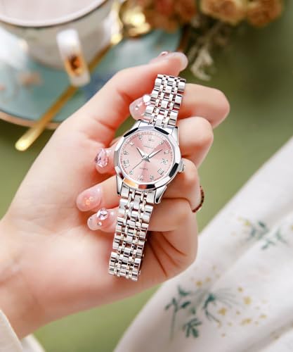 Image of OLEVS Women Watch Silver Stainless Steel Two Tone Fashion Ladies Analog Quartz Waterproof Luminous Date Day Wrist Watches