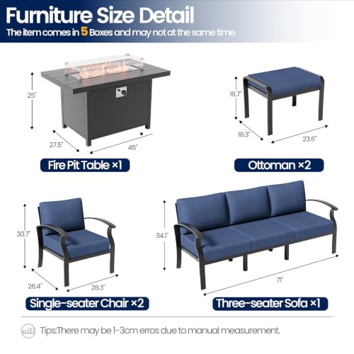 Image of Aluminum Patio Furniture Set with Fire Pit Table, 7 Seats Outdoor Patio Conversation Sets with Ottomans, Modern Metal Patio Sectional Sofa with Upgrade Cushions for Patio, Backyard, Deck - Blue