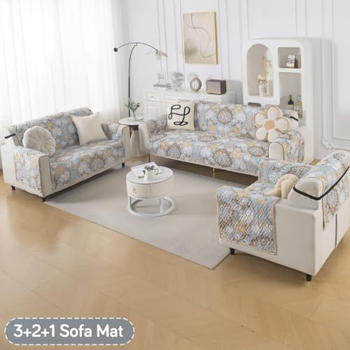 Image of HOKIPO Double Sided Quilted Sofa Cover 6 Seater Fully Covered, Washable(3+2+1) Sofa Cover Easy Drape Series, Cool Breeze Floral (IN-1101 + IN-1100+IN-1099-ED5)