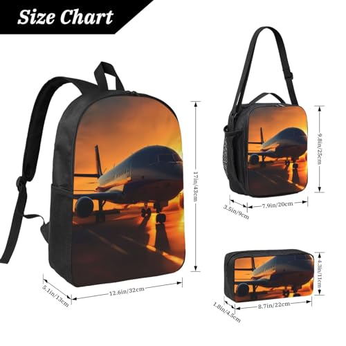 airplane at sunset print Shoulder Bookbags Lunch Bag and Pen Case 17 inches Backpack with Lunch Box, Cute Bookbag Set4