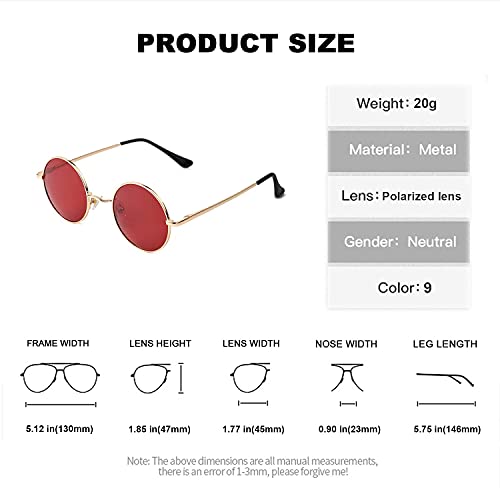Image of Red Lens Circle Glasses Small Round Polarized Sunglasses for Women Men Retro Hippie Style Circle Sun Glasses