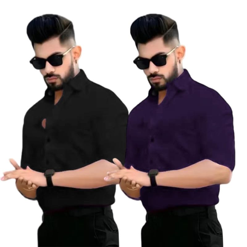 Image of Pinkmint Men's Solid Shirt | Soft Cotton Blend | Casual Shirt | Plain | Full Sleeve - Regular Fit (Available in Plus Size and Pack of 2)