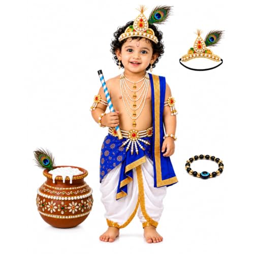 Image of Raj Costume Shri Krishna Dress for Kids, Bal Krishna Costume for Baby Boy and Girl, Janmashtami Fancy Dress Costume, Krishna Dress for Kids