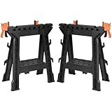 EHHLY Folding Saw Horses 2 Pack, Heavy Duty Clamping Sawhorse with Removable 18 Inch Bar Clamps for Woodworking, 2 Bench Dogs, 1000 LBS Load Capacity Total, Built-in Tool Tray and Cord Hooks