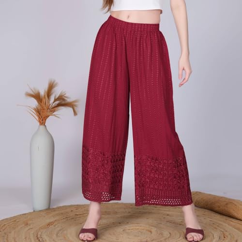 Image of VIVIKA Chikankari Palazzo Pants for Women |Rayon Wide Leg Ethnic Palazo with Embroidery | Comfortable Elastic Waist Women's Palazzo for Casual, Festive & Office Wear