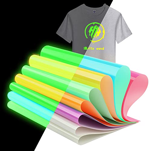 Geila HTV-Vinyl-Blätter zum Aufbügeln, leuchtet im Dunkeln, fluoreszierendes Wärmepresse, 6 Stück, 30,5 x 25 cm, neonfarben, irisierend, HTV-Vinylfolie für DIY-T-Shirts (8 Farbe)