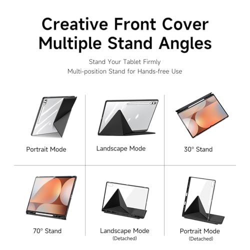 Image of INICIO Hybrid Smart Folio Case for Samsung Galaxy Tab S10 Ultra / S9 Ultra / S8 Ultra 14.6 inch, Detachable Front Cover, Trifold Multi Angle Stand, S Pen Holder, Auto Wake /Sleep, PU+PC+TPU, Black
