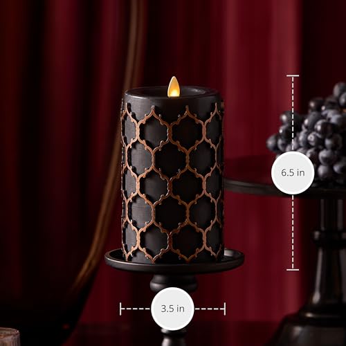Image of Luminara Black Embossed Fretwork 3.5 inch x 6.5 inch Pillar, AA Battery Operated w /Timer Function, Flickering Flameless LED Light Real Wax Candle for Indoor Home Decoration, for Dining Room Table Centerpiece
