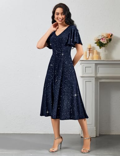 Image of Bridesmay Women's Formal Wedding Guest Dress for Women 2026 Short Sleeve Fit and Flare Tea Party Dresses
