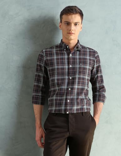 Image of Arrow Sport Men Slim fit Cotton Checked Long Sleeves Spread Collar Shirt