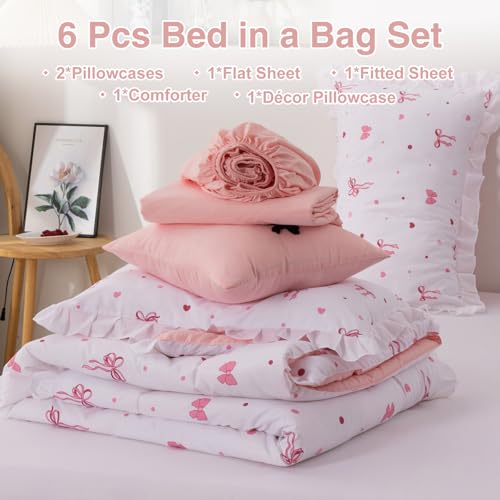 Image of A Nice Night Polka Dot Bow Comforter Set,6 Piece Bed in a Bag Chic Bowknot Bedding Sets,Princess Style,White Room Decor for Girls,Full