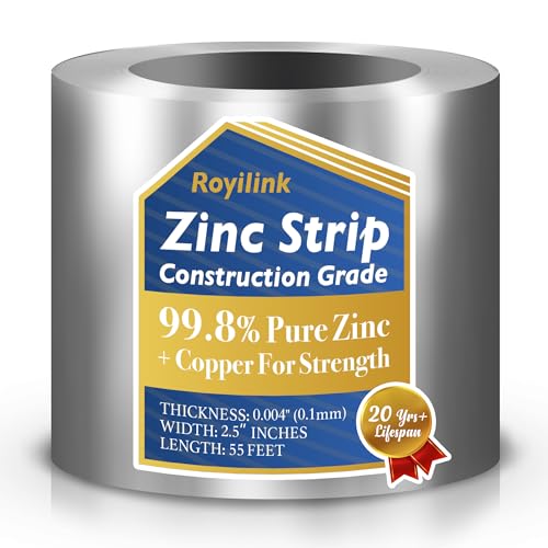 Zinc Strips for Roof – 0.1mm Thick Roofing Roll – 2.5" Width x 55 Feet – for Stains Prevention – Free Nails &amp; Gloves – Perfect for Garden &amp; DIY – 20yrs+ Lifespan