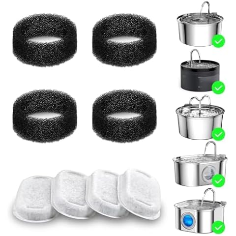 Wonder Creature Cat Water Fountain Filter 8 pc for Stainless Steel Cat Fountain 2L/67oz and 3.2L/108oz, Carbon Filter Plus Sponge Foam Filter Pack (8) Cover