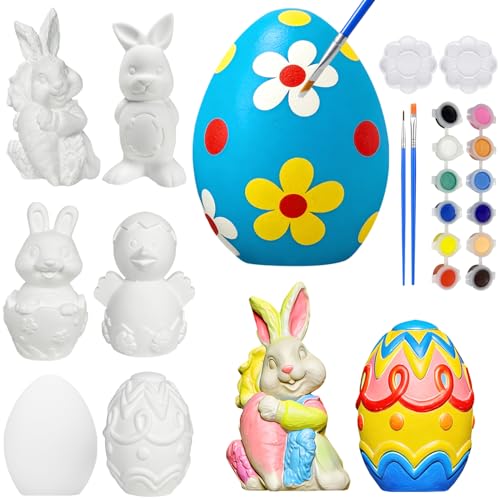 HECOMTRS 6PC Paint Your Own Plaster Easter Crafts Kits, DIY Easter Eggs Bunny Painting Kit, Easters Gifts for Kids, Easters Basket Stuffers Family Party Activity Decorations (Set of 6)