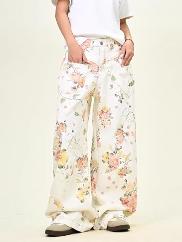 Unisex Y2k Vintage Floral Print Reversed Pockets Baggy Wide Leg Jeans Hiphop Harajuku Loose Boyfriend Denim Pants4