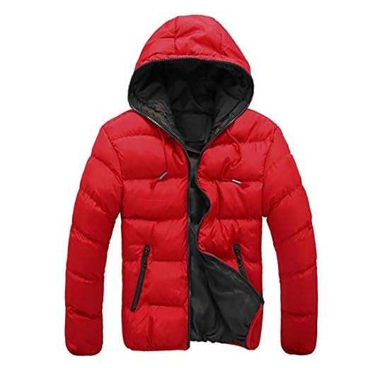 SHOBDW Hombres Delgado Informal Chaqueta Caliente Encapuchado Invierno Gruesa Abrigo Parka Abrigo con Capucha (Rojo, M)